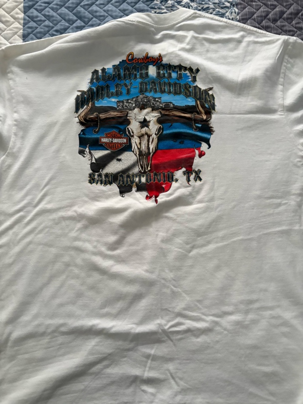 Harley-Davidson White Tee with Blue, Red and Black Texas Skull Graphic